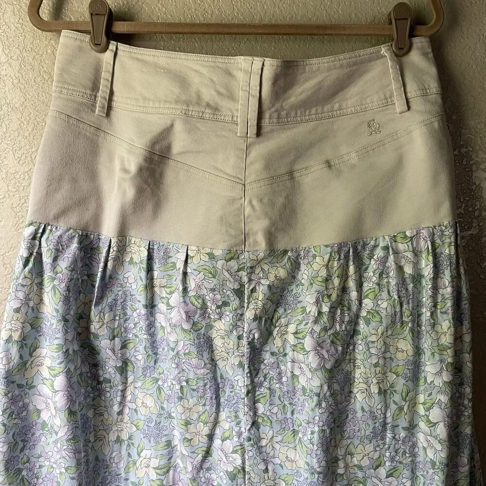 Tommy Hilfiger Womens 10 Khaki Floral Tiered Maxi Skirt Modest Western Prairie